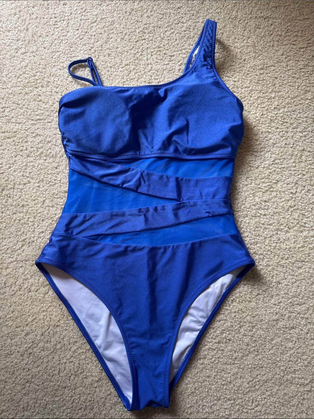 One-Shoulder Royal Blue Mesh-Panel One-Piece Swimsuit
